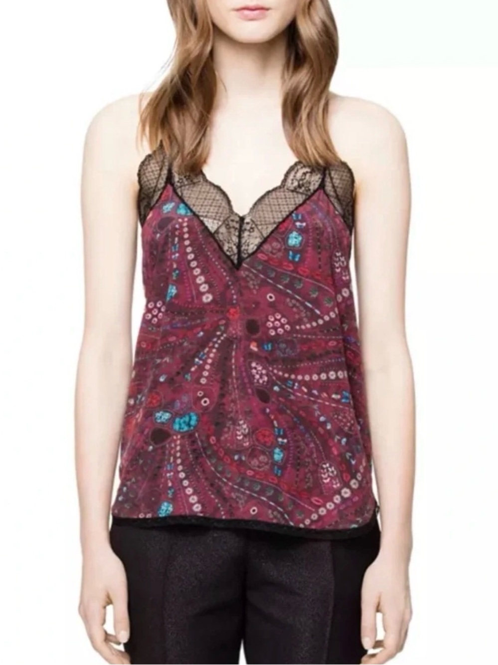 Zadig & Voltaire Burgundy Paisley Lace-Trim Slip Cami